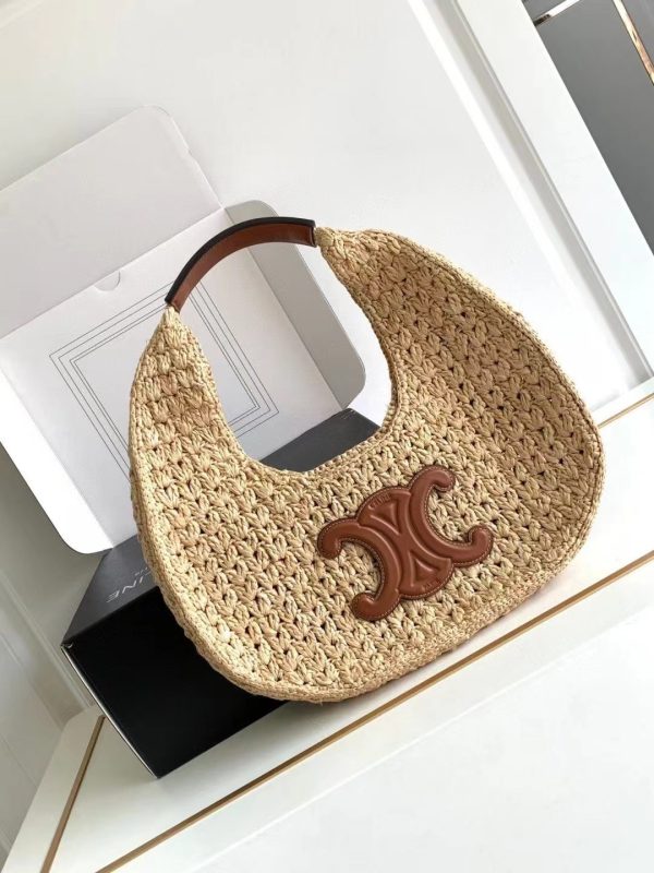 Celine Classic Panier Hobo Bag In Raffia And Calfskin