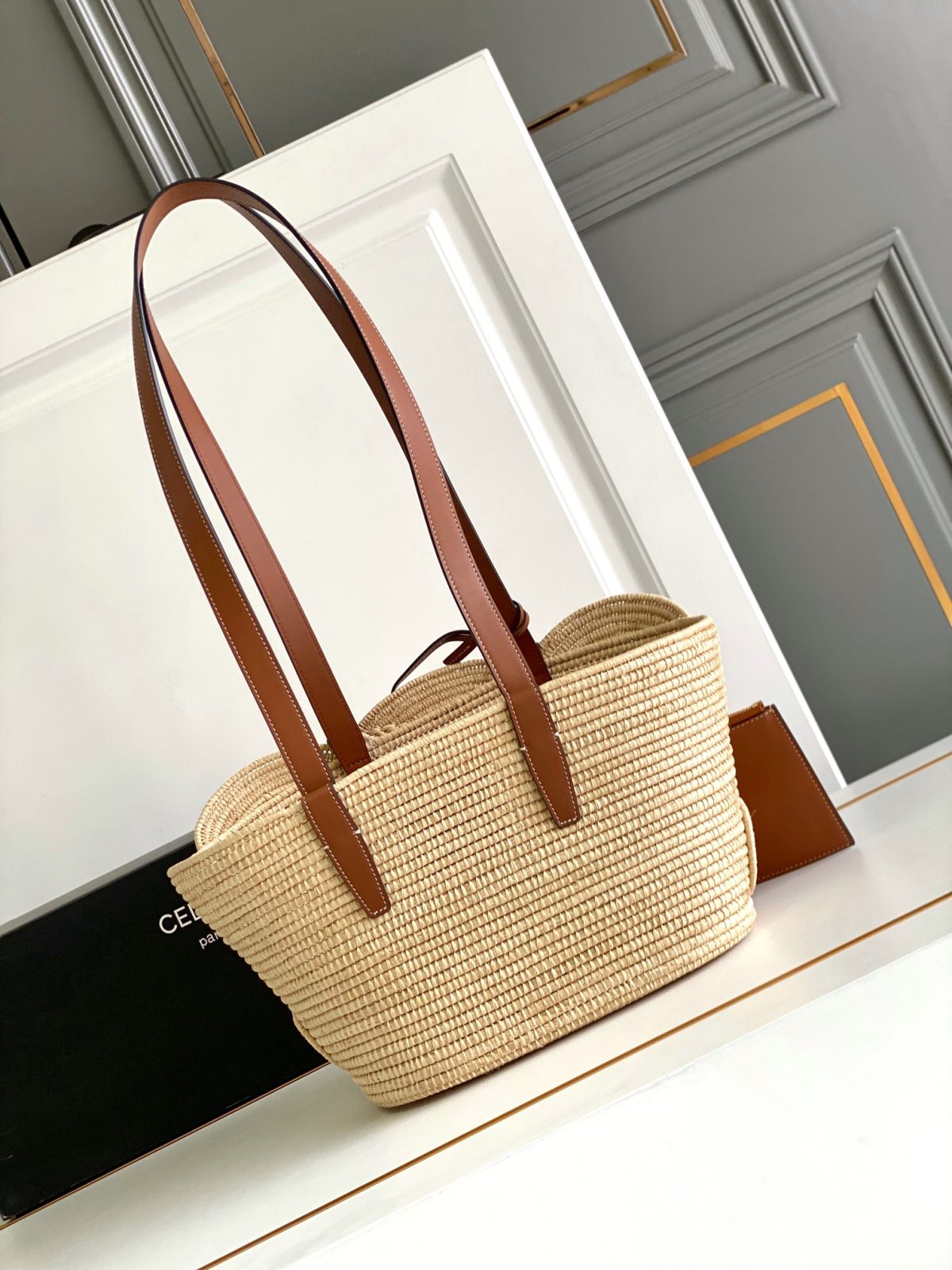 Celine Classic Panier Small Braided Triomphe In Raffia And Calfskin - Image 3