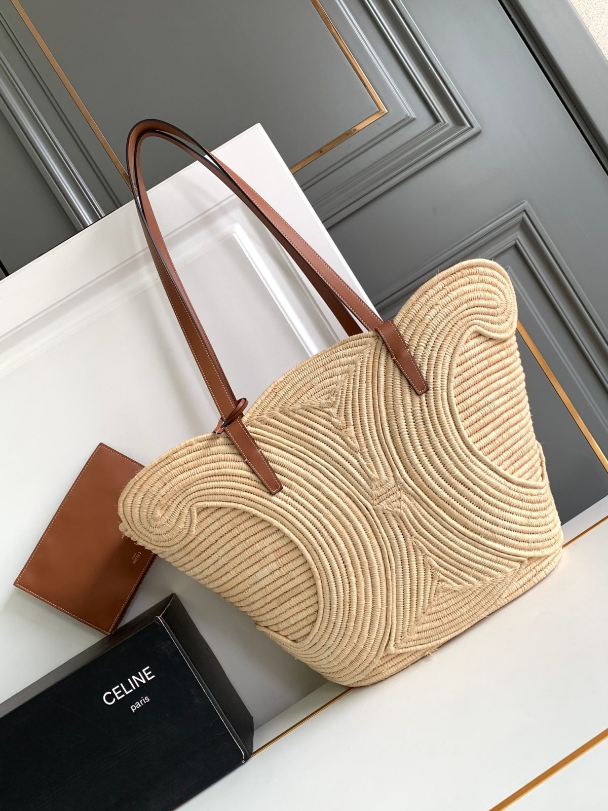 Celine Classic Panier Large Braided Triomphe In Raffia And Calfskin - Image 1
