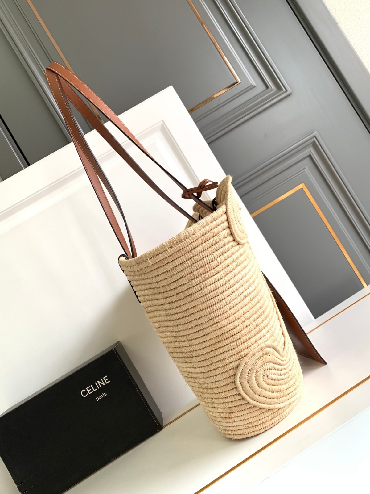 Celine Classic Panier Large Braided Triomphe In Raffia And Calfskin - Image 3