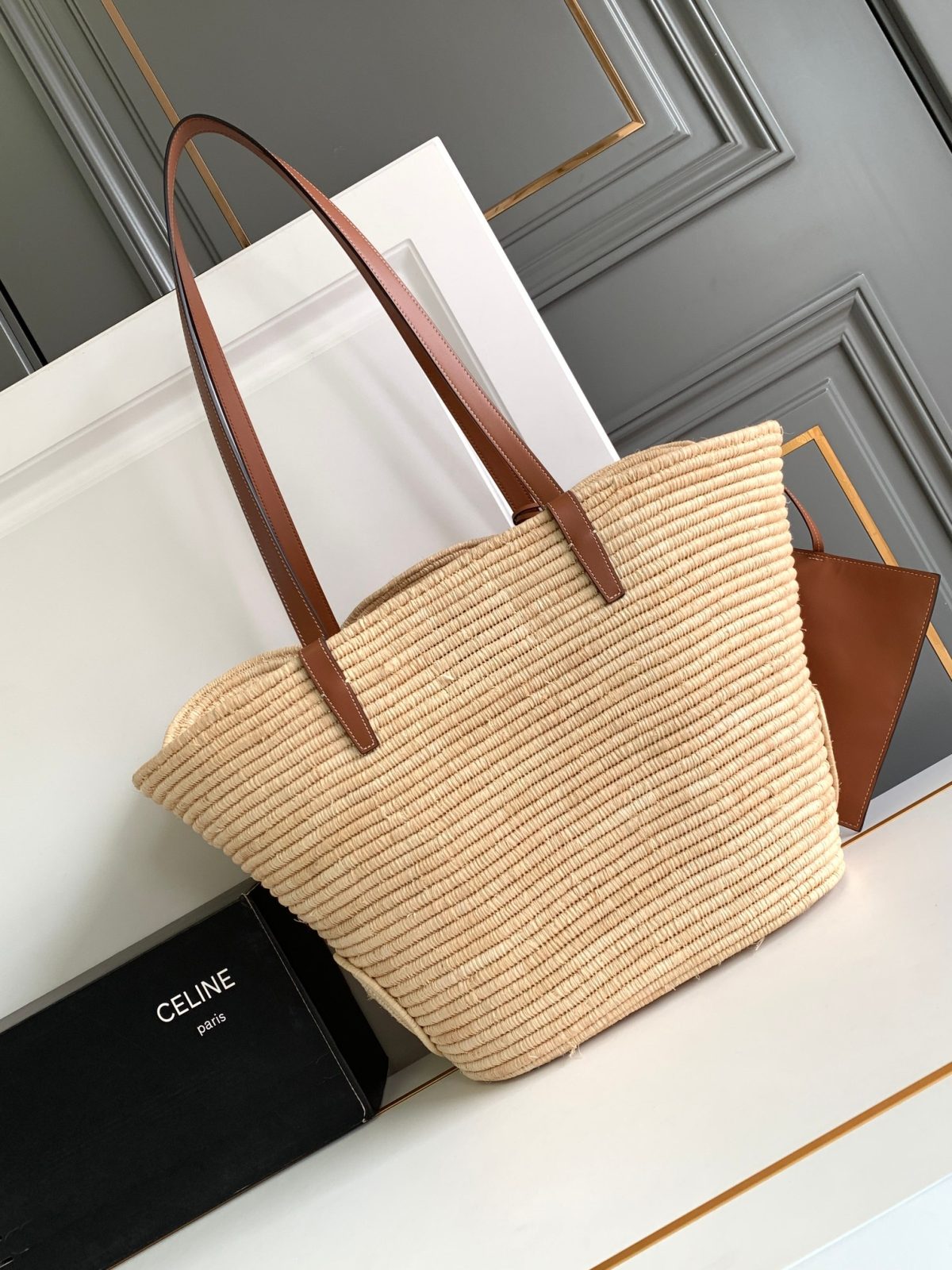Celine Classic Panier Large Braided Triomphe In Raffia And Calfskin - Image 2