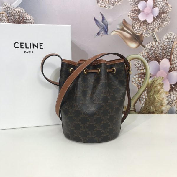 Celine Small Drawstring Bag In Triomphe Canvas And Calfskin