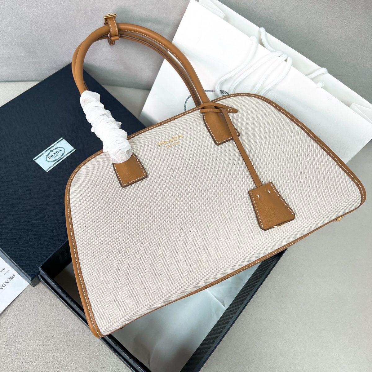 Prada Medium Linen Blend And Leather Tote Bag - Image 1