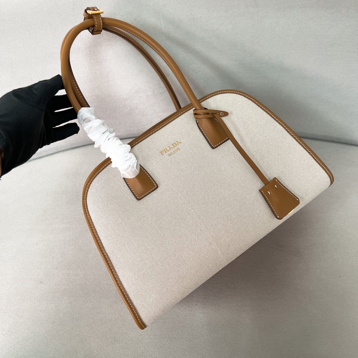 Prada Medium Linen Blend And Leather Tote Bag - Image 4
