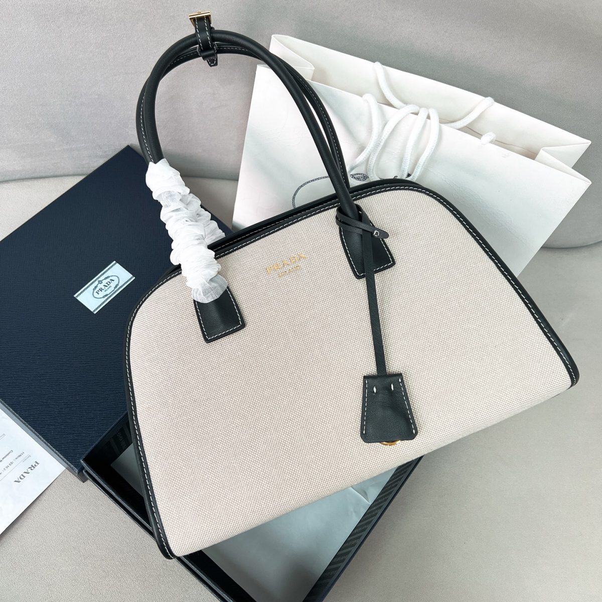 Prada Medium Linen Blend And Leather Tote Bag - Image 1