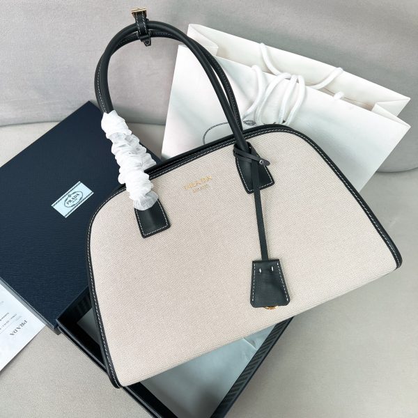 Prada Medium Linen Blend And Leather Tote Bag