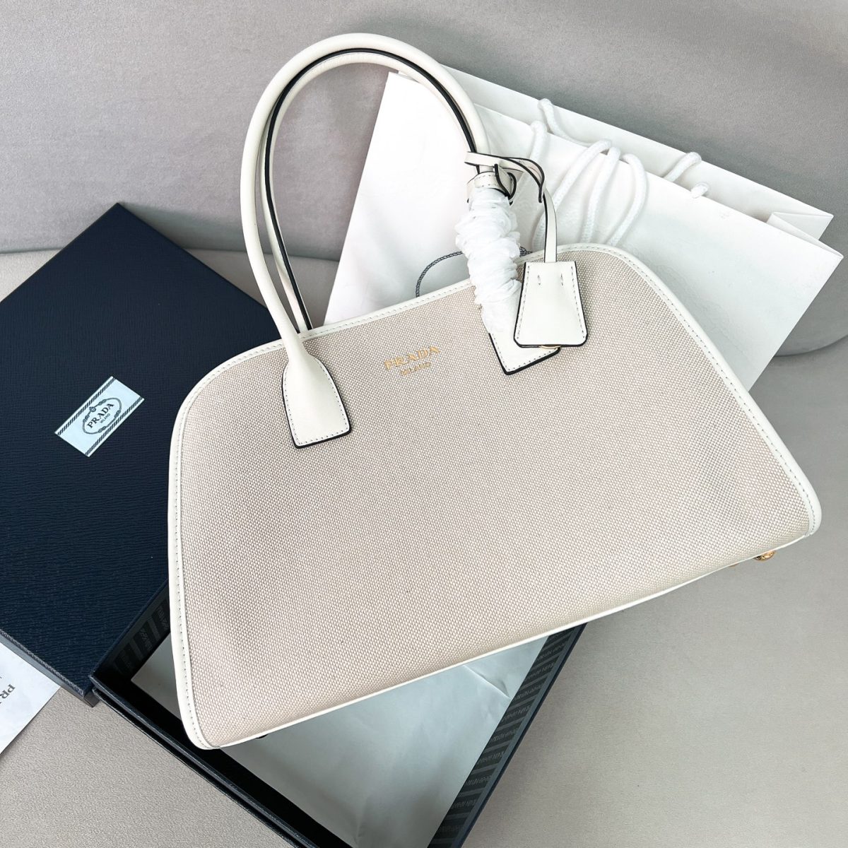 Prada Medium Linen Blend And Leather Tote Bag - Image 1