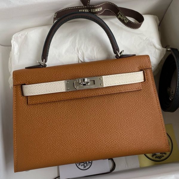 Hermes HSS Kelly Mini II Sellier Tri-color Bag in Silver/Craie/Black Epsom Calfskin