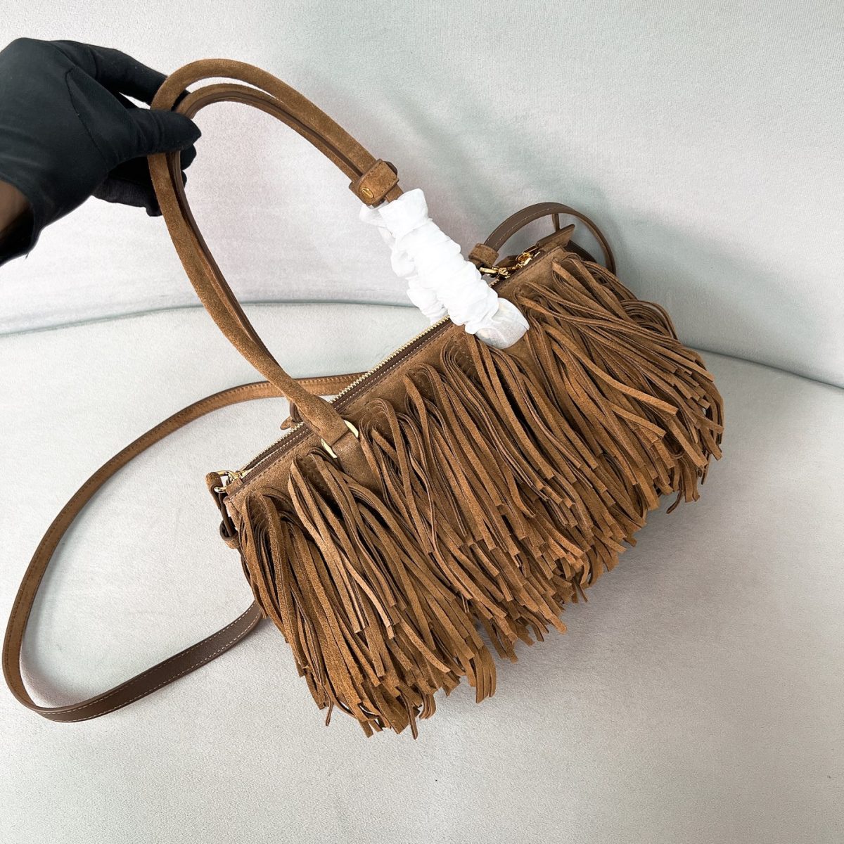 Prada Galleria medium suede bag with fringe - Image 4
