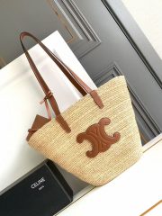 Medium Supple Celine Classic Panier In Raffia And Calfskin