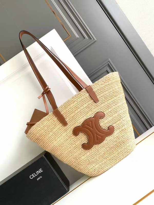 Medium Supple Celine Classic Panier In Raffia And Calfskin