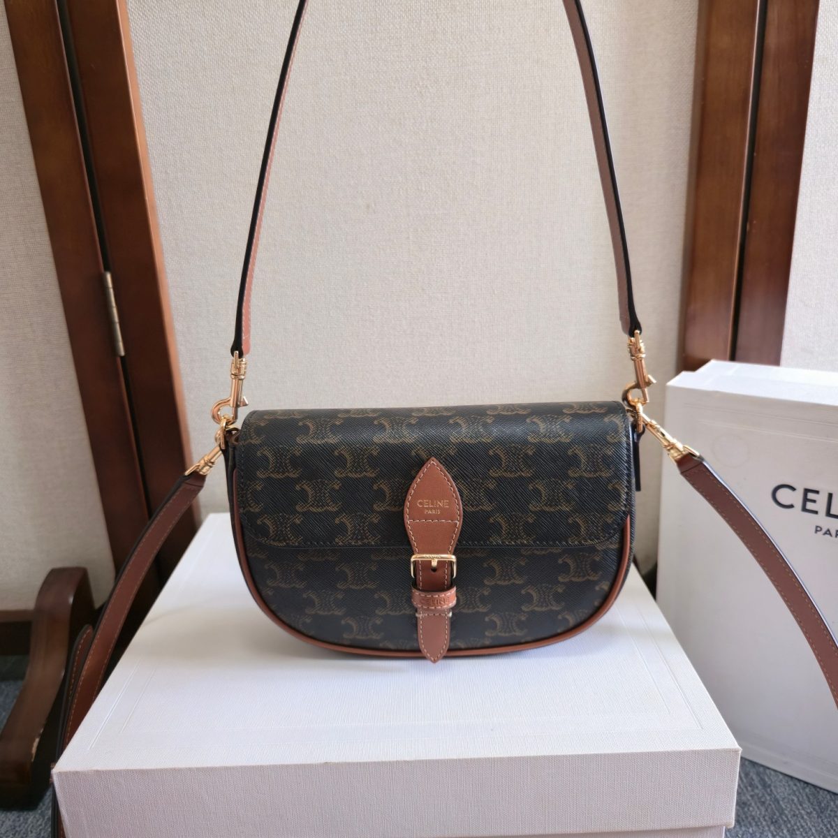 Celine Folco Shoulder Bag In Triomphe Canvas And Calfskin - Image 1
